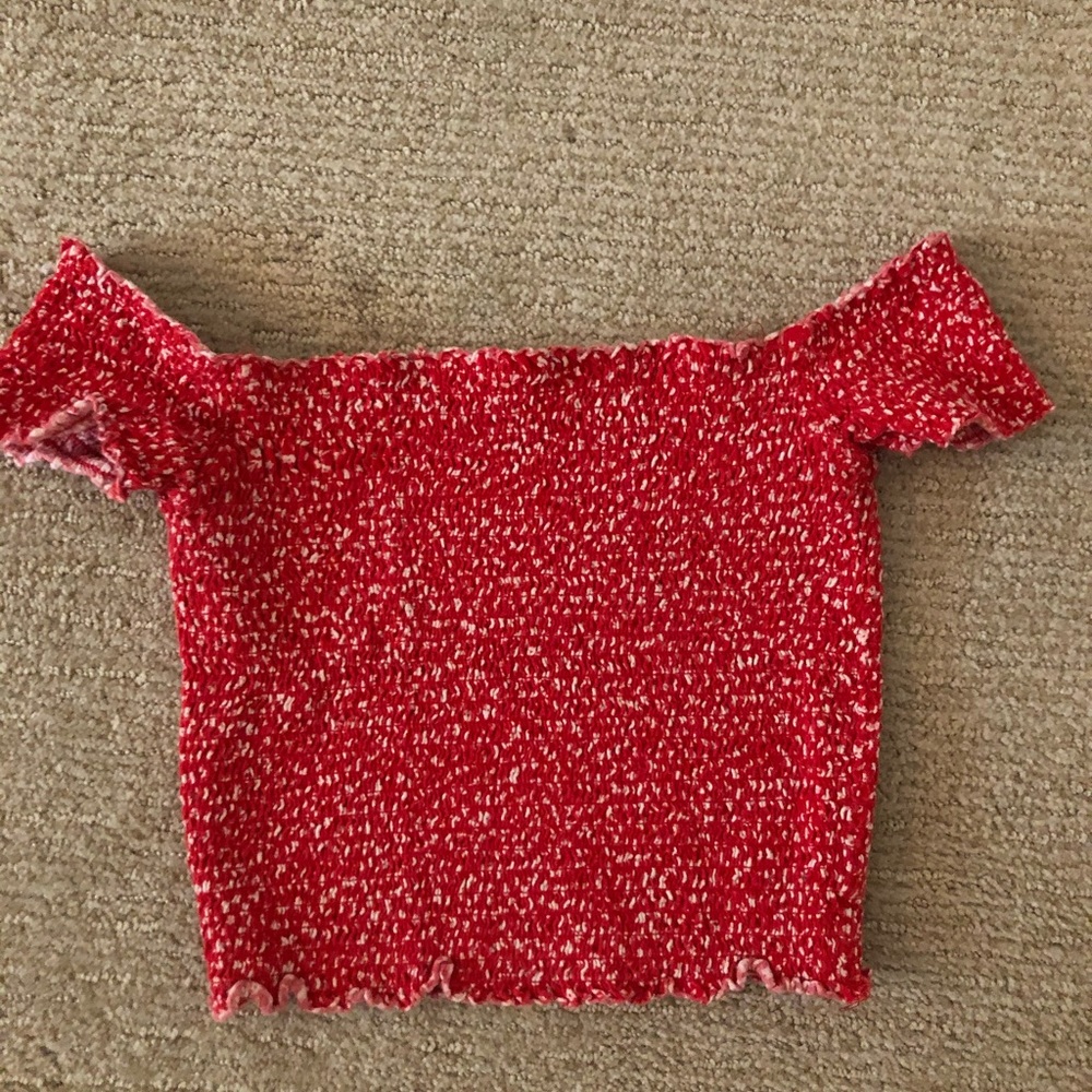 Red and white off the shoulder top from Garage